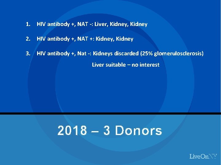 1. HIV antibody +, NAT -: Liver, Kidney 2. HIV antibody +, NAT +: