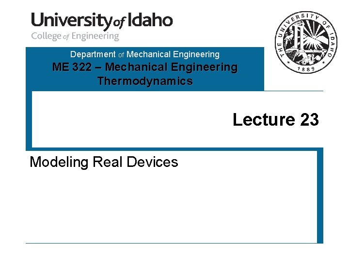 Department of Mechanical Engineering ME 322 – Mechanical Engineering Thermodynamics Lecture 23 Modeling Real