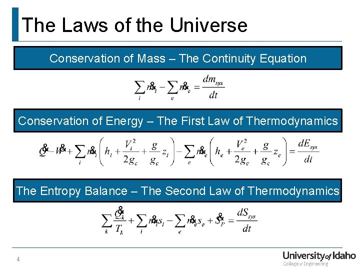 The Laws of the Universe Conservation of Mass – The Continuity Equation Conservation of