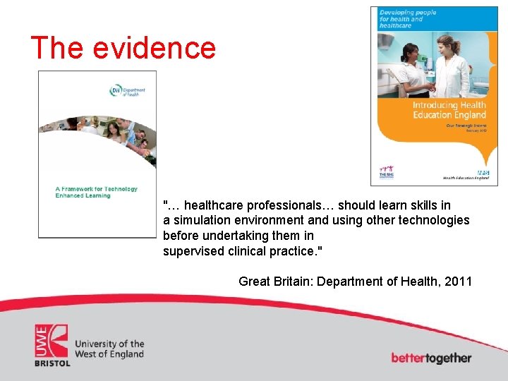 The evidence "… healthcare professionals… should learn skills in a simulation environment and using