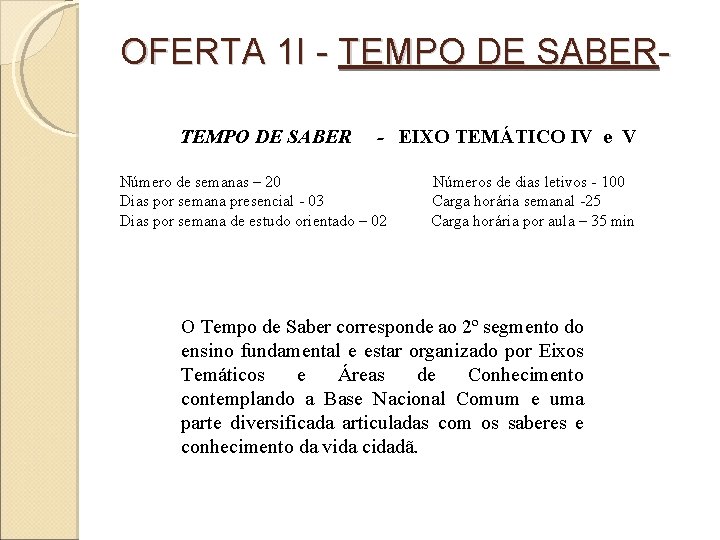 OFERTA 1 I - TEMPO DE SABER - EIXO TEMÁTICO IV e V Número