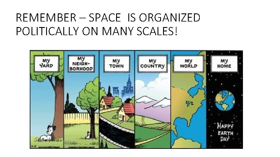 REMEMBER – SPACE IS ORGANIZED POLITICALLY ON MANY SCALES! 