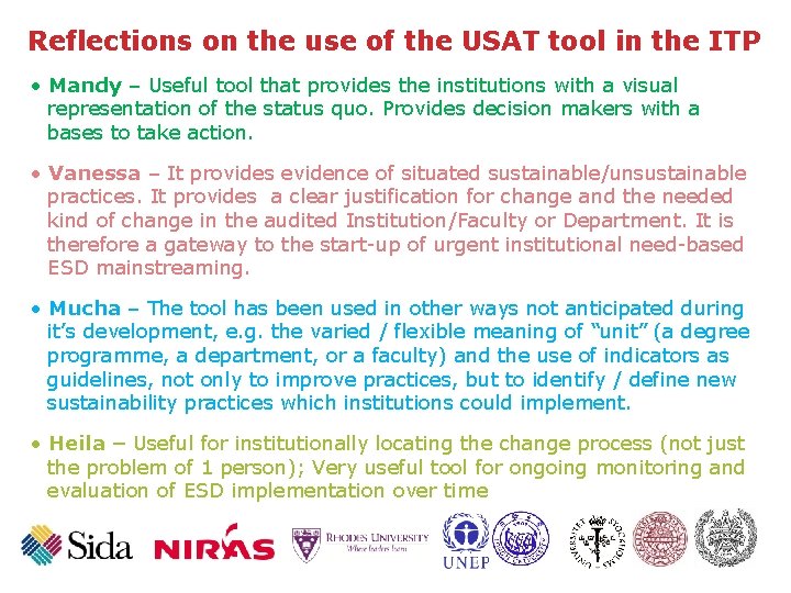 Reflections on the use of the USAT tool in the ITP • Mandy –