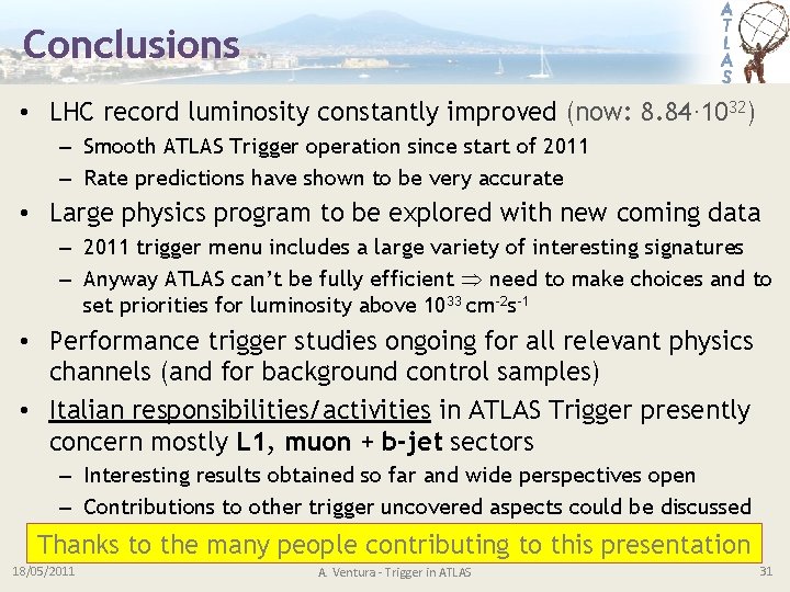 Conclusions • LHC record luminosity constantly improved (now: 8. 84· 1032) – Smooth ATLAS