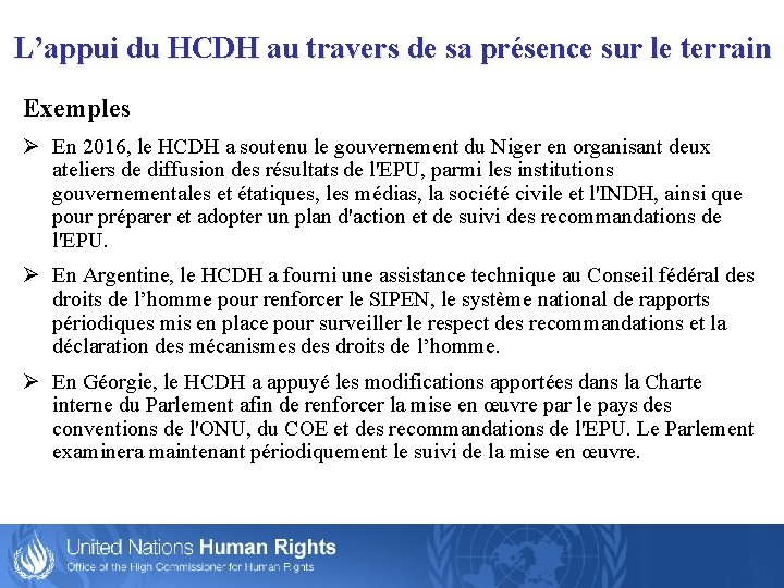 L’appui du HCDH au travers de sa présence sur le terrain Exemples Ø En