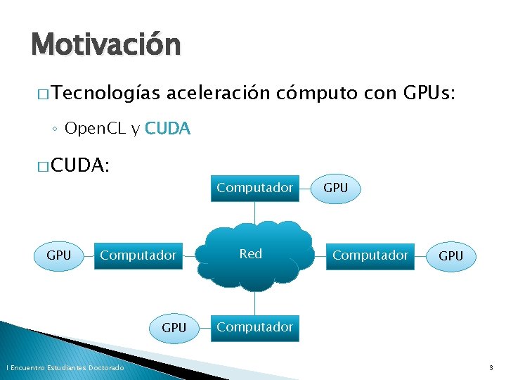 Motivación � Tecnologías aceleración cómputo con GPUs: ◦ Open. CL y CUDA � CUDA: