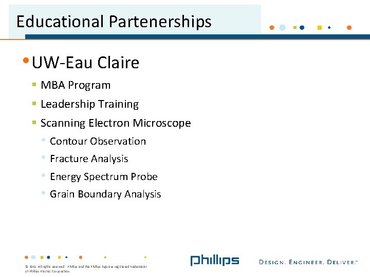 Educational Partenerships • UW-Eau Claire § MBA Program § Leadership Training § Scanning Electron