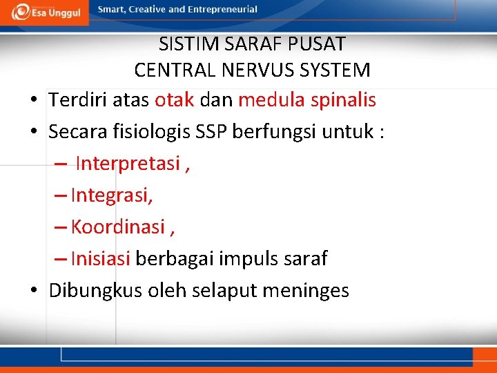 SISTIM SARAF PUSAT CENTRAL NERVUS SYSTEM • Terdiri atas otak dan medula spinalis •