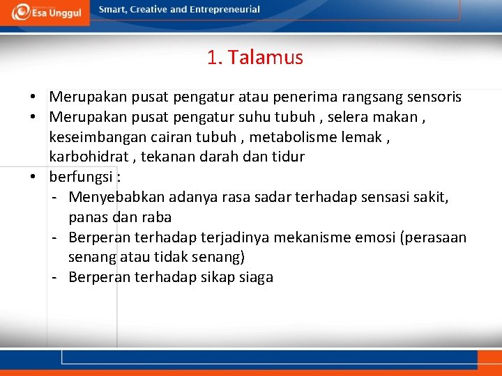 1. Talamus • Merupakan pusat pengatur atau penerima rangsang sensoris • Merupakan pusat pengatur