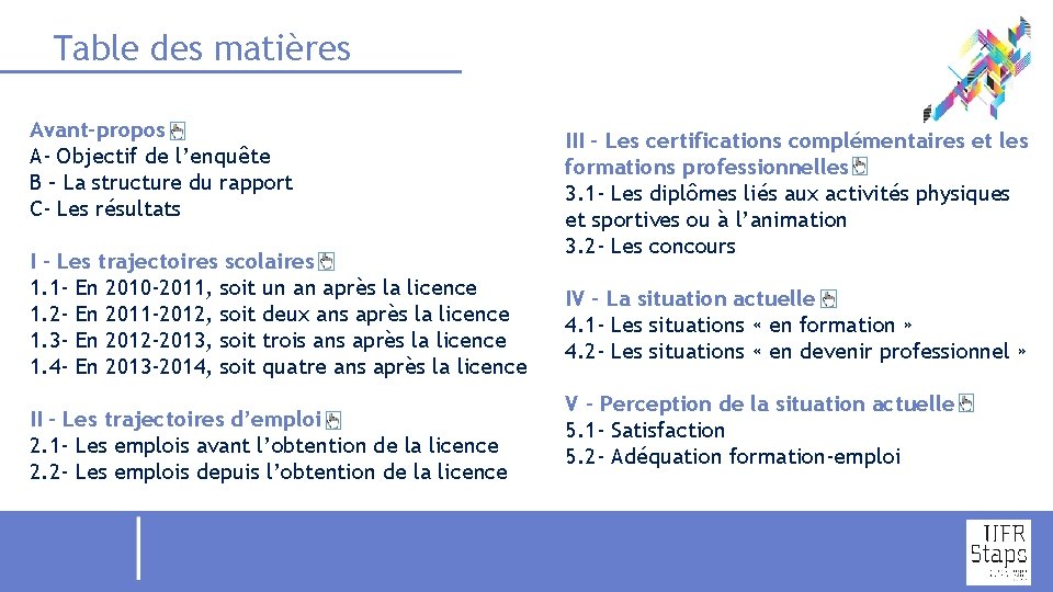 Table des matières Avant-propos A- Objectif de l’enquête B – La structure du rapport