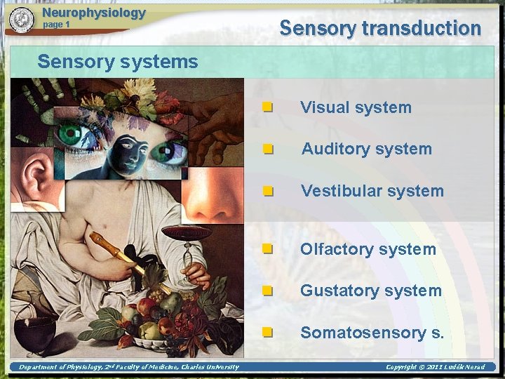 Neurophysiology page 1 Sensory transduction Sensory systems Visual system Auditory system Vestibular system Olfactory