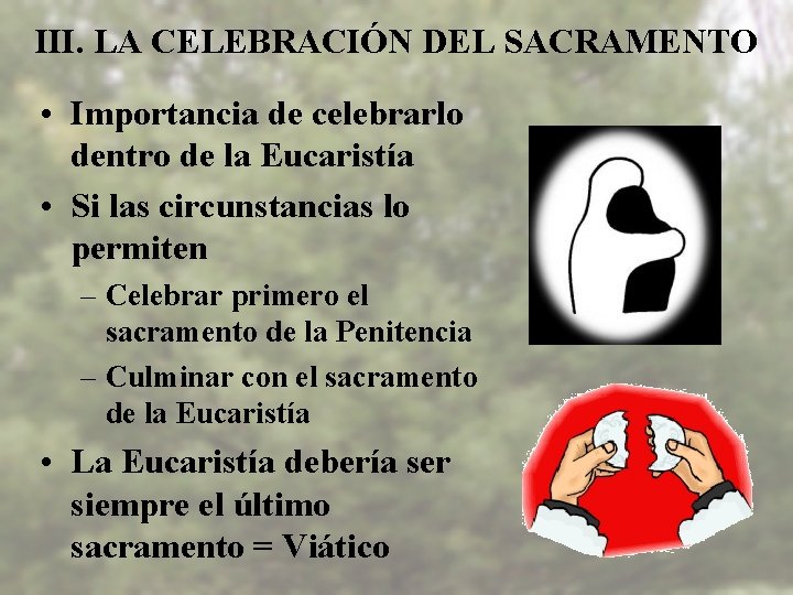 III. LA CELEBRACIÓN DEL SACRAMENTO • Importancia de celebrarlo dentro de la Eucaristía •