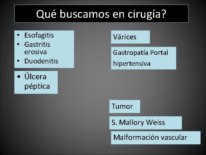 Qué buscamos en cirugía? • Esofagitis • Gastritis erosiva • Duodenitis Várices Gastropatía Portal Qué buscamos en cirugía? • Esofagitis • Gastritis erosiva • Duodenitis Várices Gastropatía Portal