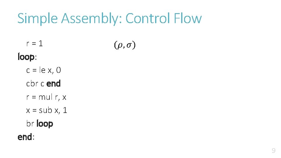 Simple Assembly: Control Flow r = 1 loop: c = le x, 0 cbr