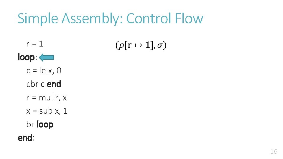 Simple Assembly: Control Flow r = 1 loop: c = le x, 0 cbr