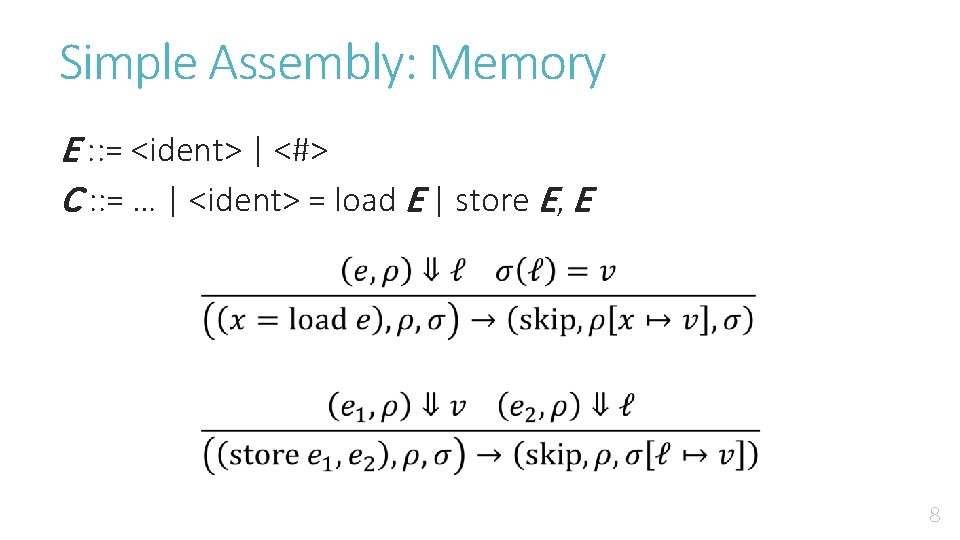 Simple Assembly: Memory E : : = <ident> | <#> C : : =