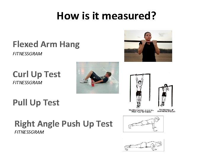 How is it measured? Flexed Arm Hang FITNESSGRAM Curl Up Test FITNESSGRAM Pull Up