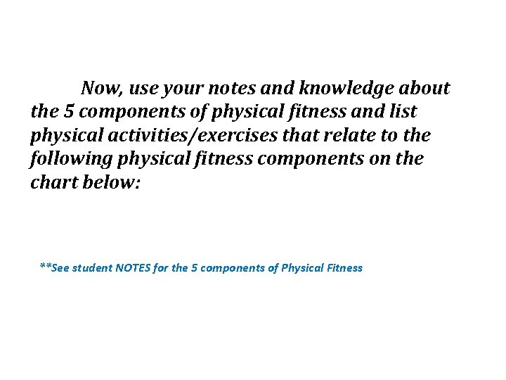 Now, use your notes and knowledge about the 5 components of physical fitness and