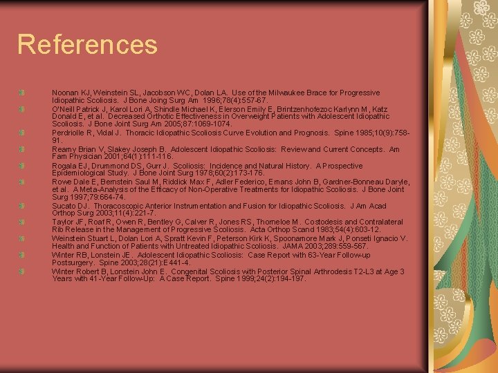 References Noonan KJ, Weinstein SL, Jacobson WC, Dolan LA. Use of the Milwaukee Brace References Noonan KJ, Weinstein SL, Jacobson WC, Dolan LA. Use of the Milwaukee Brace