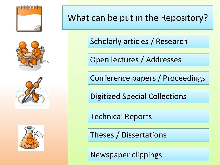 What can be put in the Repository? Scholarly articles / Research Open lectures /