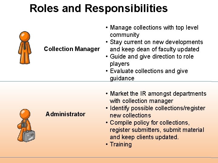 Roles and Responsibilities • Manage collections with top level community • Stay current on