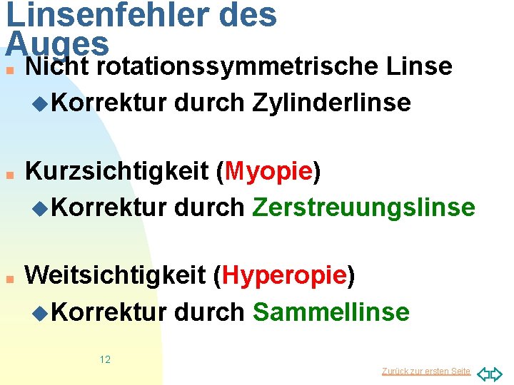 Linsenfehler des Auges n n n Nicht rotationssymmetrische Linse u. Korrektur durch Zylinderlinse Kurzsichtigkeit