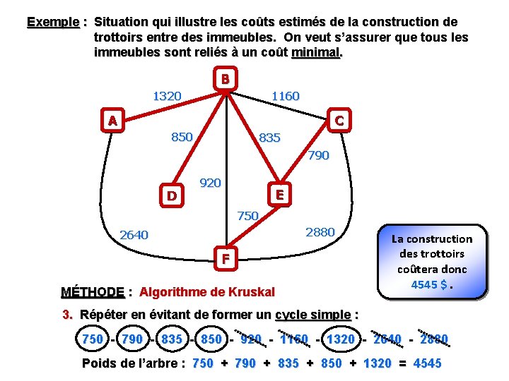 Exemple : Situation qui illustre les coûts estimés de la construction de trottoirs entre