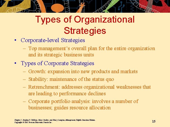 Types of Organizational Strategies • Corporate-level Strategies – Top management’s overall plan for the