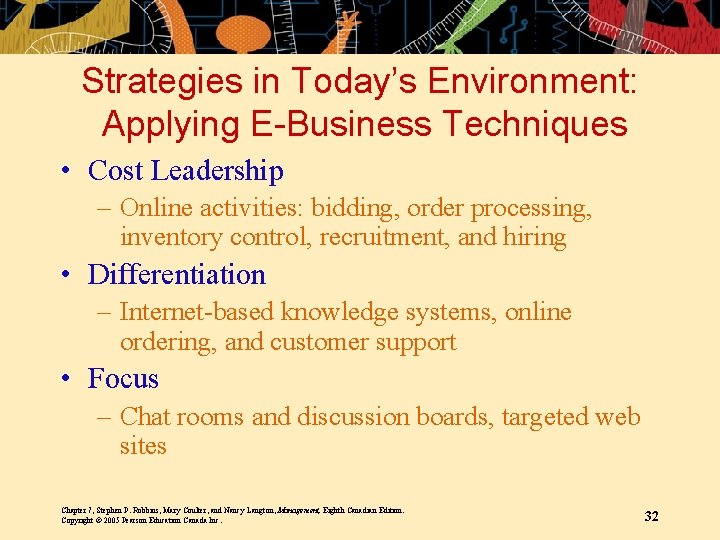 Strategies in Today’s Environment: Applying E-Business Techniques • Cost Leadership – Online activities: bidding,