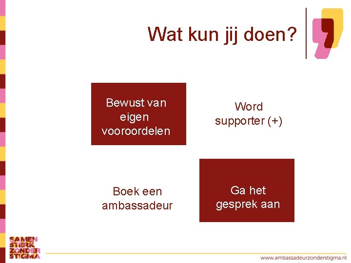 Wat kun jij doen? Bewust van eigen vooroordelen Word supporter (+) Boek een ambassadeur