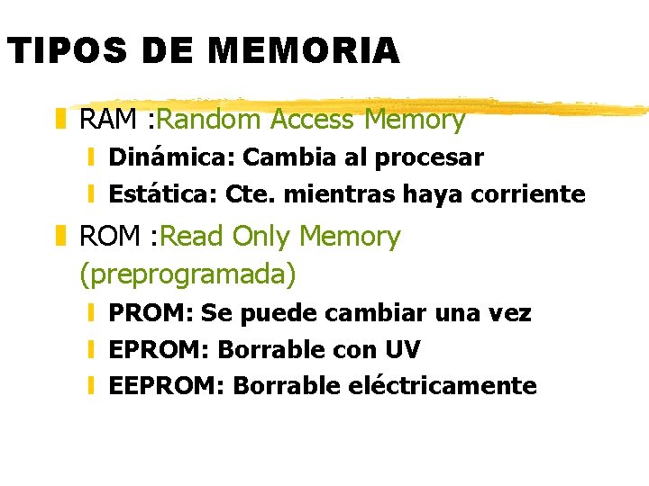 TIPOS DE MEMORIA z RAM : Random Access Memory y Dinámica: Cambia al procesar TIPOS DE MEMORIA z RAM : Random Access Memory y Dinámica: Cambia al procesar