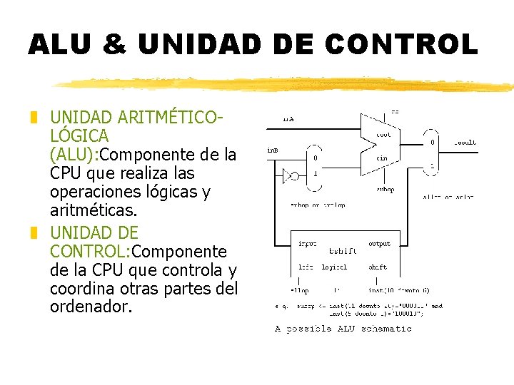 ALU & UNIDAD DE CONTROL z UNIDAD ARITMÉTICOLÓGICA (ALU): Componente de la CPU que ALU & UNIDAD DE CONTROL z UNIDAD ARITMÉTICOLÓGICA (ALU): Componente de la CPU que