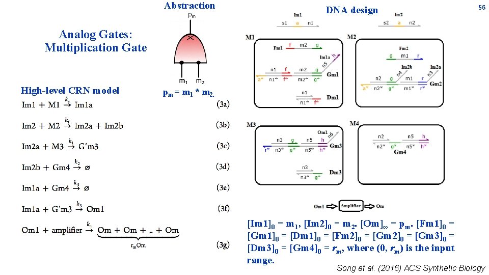 Abstraction DNA design 56 Analog Gates: Multiplication Gate High-level CRN model pm = m Abstraction DNA design 56 Analog Gates: Multiplication Gate High-level CRN model pm = m
