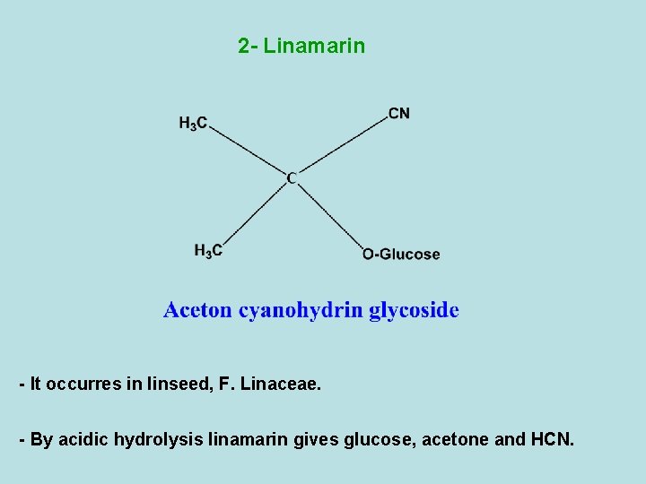 2 - Linamarin - It occurres in linseed, F. Linaceae. - By acidic hydrolysis