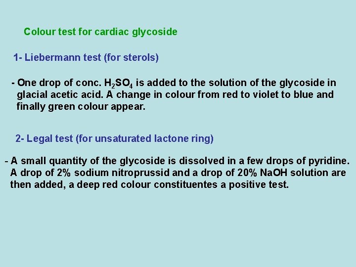 Colour test for cardiac glycoside 1 - Liebermann test (for sterols) - One drop