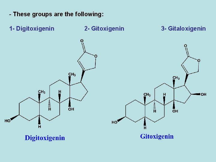 - These groups are the following: 1 - Digitoxigenin 2 - Gitoxigenin 3 -