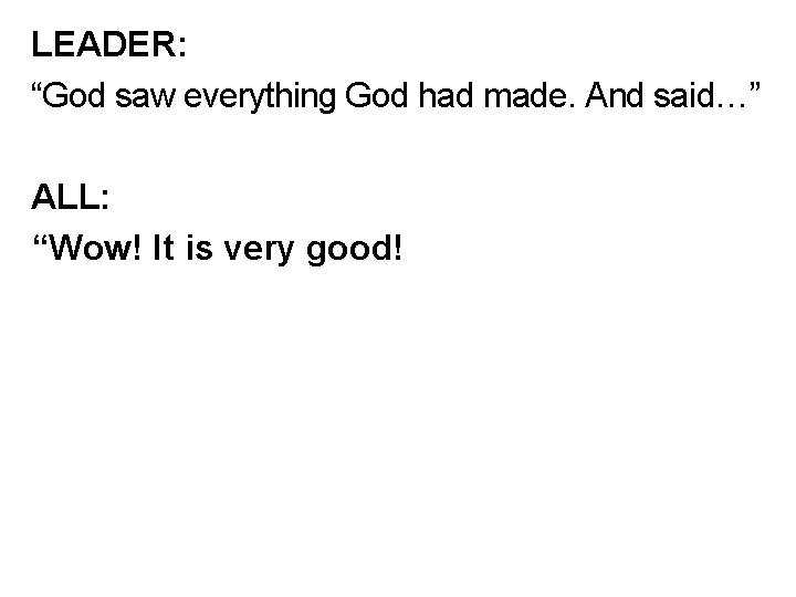 LEADER: “God saw everything God had made. And said…” ALL: “Wow! It is very