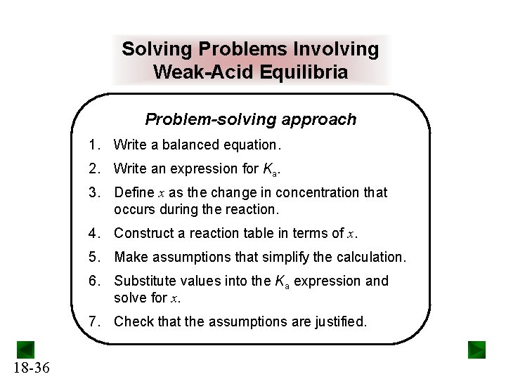 Solving Problems Involving Weak-Acid Equilibria Problem-solving approach 1. Write a balanced equation. 2. Write