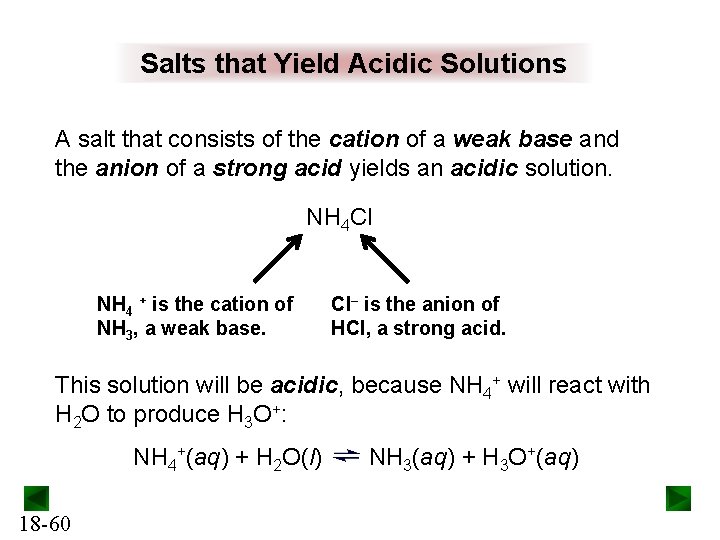 Salts that Yield Acidic Solutions A salt that consists of the cation of a