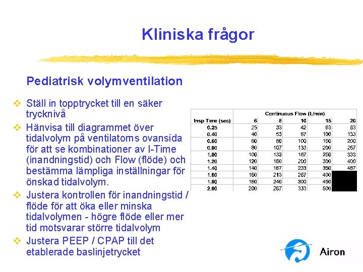 Kliniska frågor Pediatrisk volymventilation v Ställ in topptrycket till en säker trycknivå v Hänvisa Kliniska frågor Pediatrisk volymventilation v Ställ in topptrycket till en säker trycknivå v Hänvisa