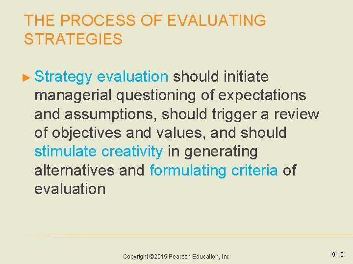 THE PROCESS OF EVALUATING STRATEGIES ► Strategy evaluation should initiate managerial questioning of expectations THE PROCESS OF EVALUATING STRATEGIES ► Strategy evaluation should initiate managerial questioning of expectations