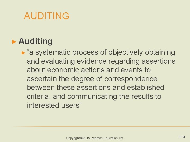 AUDITING ► Auditing ► “a systematic process of objectively obtaining and evaluating evidence regarding AUDITING ► Auditing ► “a systematic process of objectively obtaining and evaluating evidence regarding