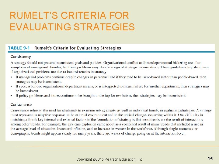 RUMELT’S CRITERIA FOR EVALUATING STRATEGIES Copyright © 2015 Pearson Education, Inc 9 -6 RUMELT’S CRITERIA FOR EVALUATING STRATEGIES Copyright © 2015 Pearson Education, Inc 9 -6
