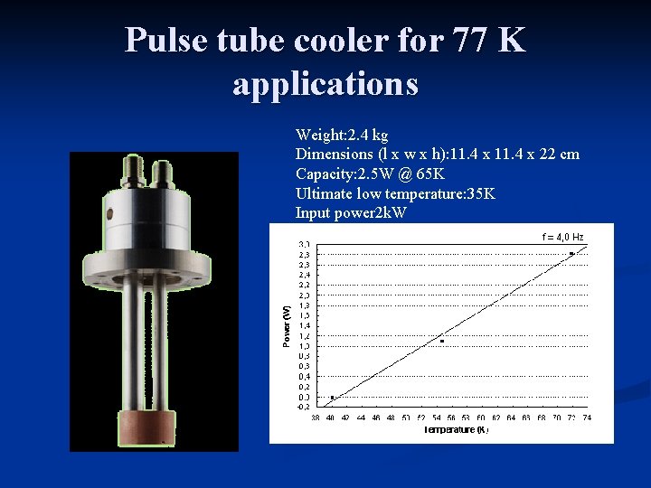 Pulse tube cooler for 77 K applications Weight: 2. 4 kg Dimensions (l x