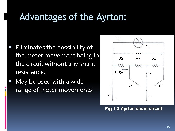 Advantages of the Ayrton: Eliminates the possibility of the meter movement being in the Advantages of the Ayrton: Eliminates the possibility of the meter movement being in the