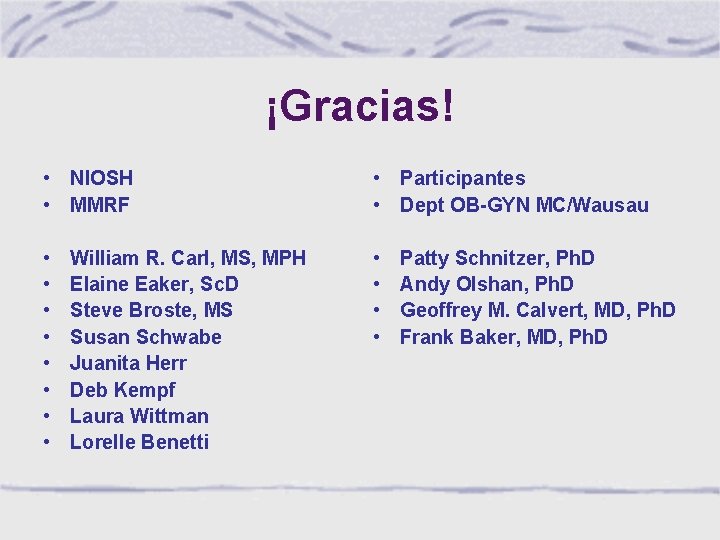 ¡Gracias! • NIOSH • MMRF • Participantes • Dept OB-GYN MC/Wausau • • •