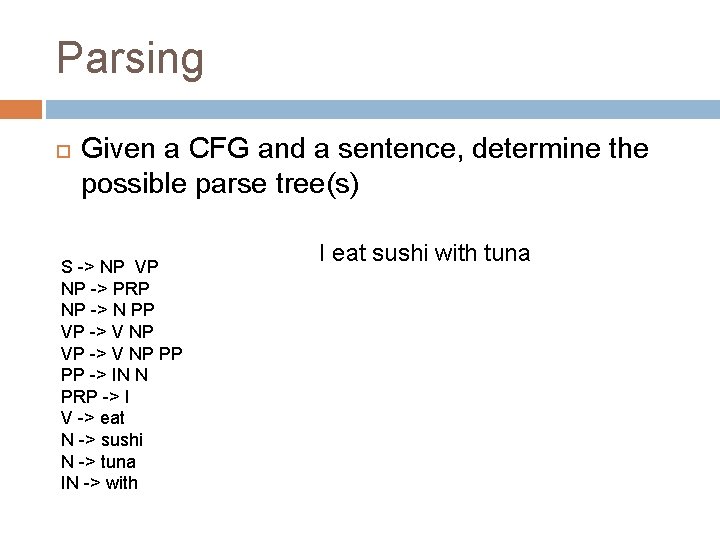 Parsing Given a CFG and a sentence, determine the possible parse tree(s) S ->