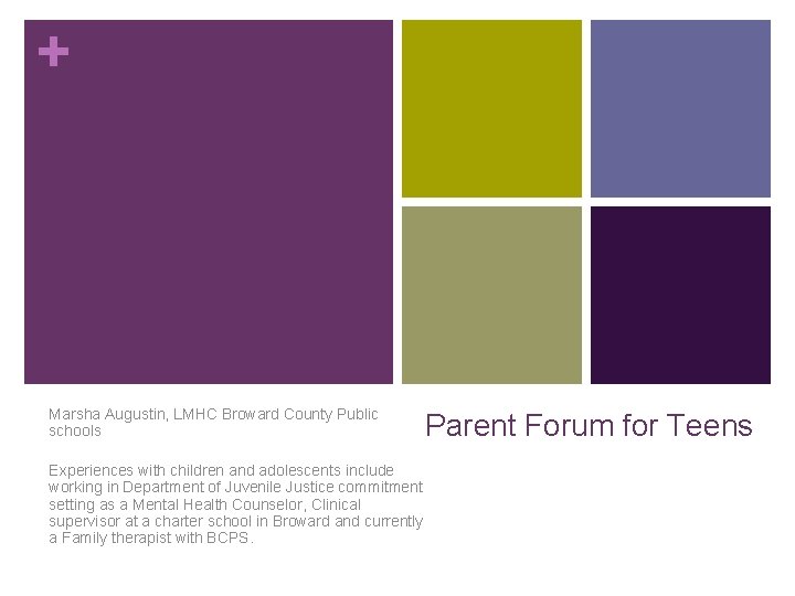 + Marsha Augustin, LMHC Broward County Public schools Parent Forum for Teens Experiences with