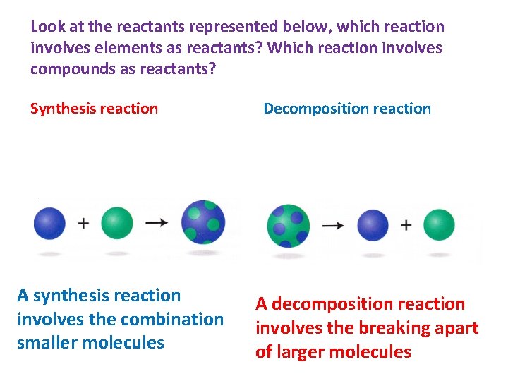 Look at the reactants represented below, which reaction involves elements as reactants? Which reaction