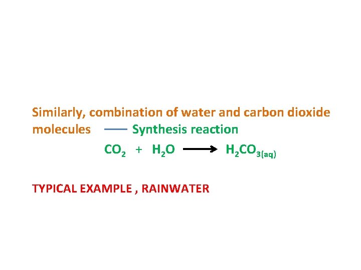 Similarly, combination of water and carbon dioxide molecules Synthesis reaction CO 2 + H